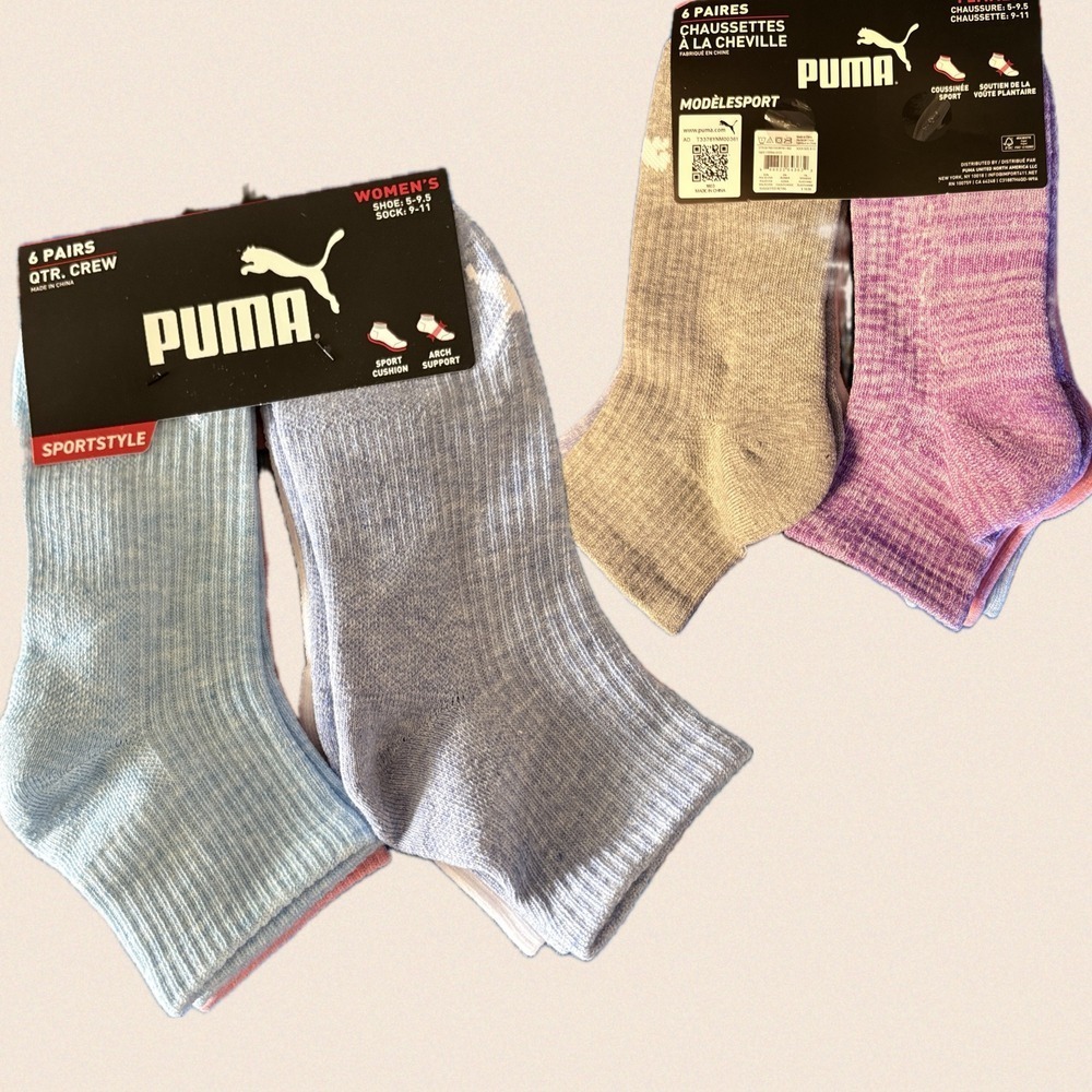 Puma Womens 6 Pairs Quarter Crew Socks Sport Cushion Arch Support Varied Colors